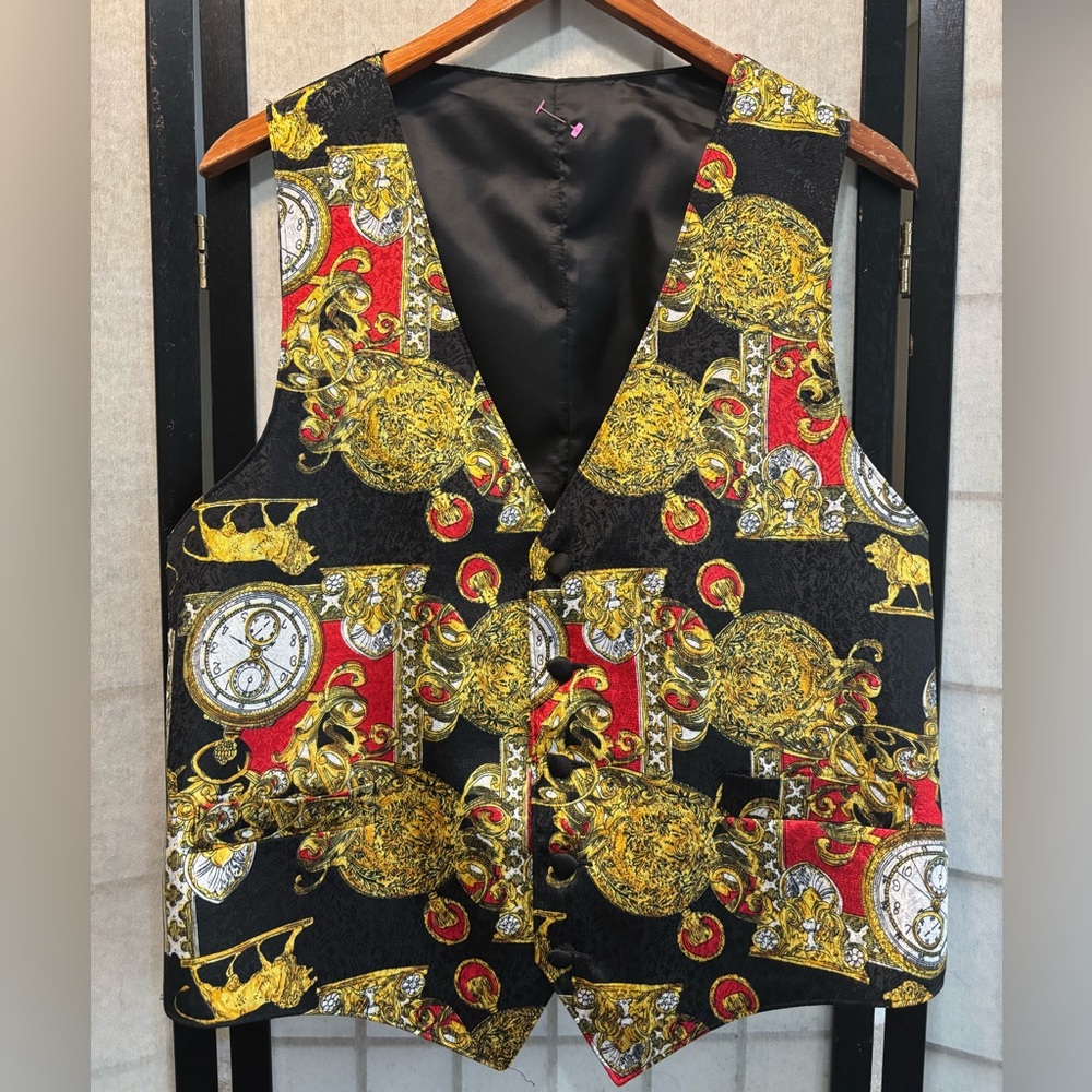 ANXIETY Vintage 80s 90s Steampunk Cats Clocks Baroque Button Down Vest, USA Made